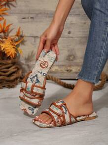 Women's Color Block Peep Toe Bohemian Cross Strap Slip-On Flat Sandals, Comfortable Fashion Vacation Slippers, All Season