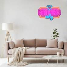 1 Pc Good Vibes Only Neon Sign, 14.76*10.03 In, USB Powered LED Sign, Positive Quote Wall Light, Bedroom Decor, Dorm Neon Light, Living Room Neon Sign, Party Room Decor - Good Vibes Only - View 3
