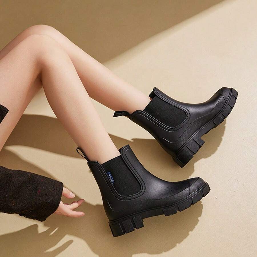 Women's Fashionable Mid-Calf Waterproof Rain Boots, Slip-Resistant Casual Outdoor Galoshes - Black - View 1