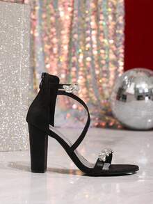女士踝带高跟凉鞋，新款粗跟水钻装饰高跟鞋，适合婚礼派对，夏季女士正装鞋，性感尖头，约 10 厘米/4 英寸，小码 33-34 - 黑色 - 查看 6
