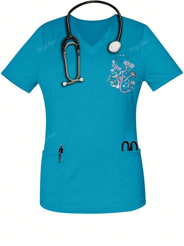 Women's Spring & Summer Flower & Stethoscope Print V-Neck Scrub Short Sleeve Nurse Uniform Tops With Pockets For Women