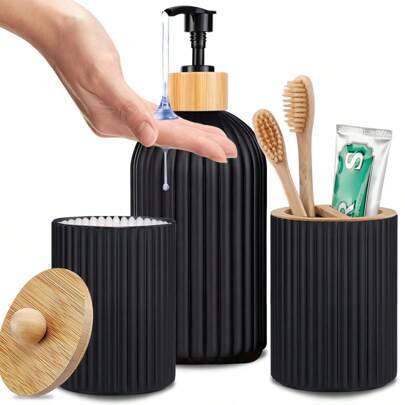 3pcs Bathroom Accessory Set, Includes Matte Black Refillable Dispenser, Manual Pump Lotion/Soap Dispenser, Toothbrush Holder, And Toothbrush & Toothpaste Storage Box Back To School Bathroom Accessories