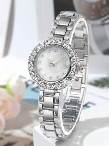 1 pieza Reloj de mujer con cara de diamante redonda, elegante y de moda. Correa de cadena de aleación versátil de acero. Reloj de cuarzo adecuado para fiestas, bodas y uso diario, el mejor conjunto de regalo para mujeres.