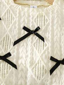 2pcs/Set Girls' Solid Color Bow Hollow Long Sleeve Top And Black PU Leather Skirt Set, Sweet Vacation Cute Fashion Knit Top And Mini Skirt Outfit, Suitable For Outdoor, Party, Gift, Spring/Autumn