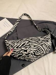 Fashionable Versatile Casual Zebra Print Crescent Crossbody Bag - Black - View 7