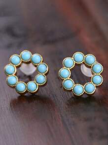 1pc Gold-Plated Simulated Turquoise Stud Earrings, Simple Baroque Pearl Hoop Earrings, Vintage Style, Suitable For Women's Daily, Festival, Party Wear, Girlfriend Gift