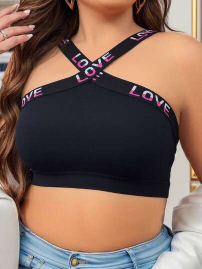 1pc Sexy Letter Criss-Cross Strap Thin-Cup Push Up Comfort Wire-Free Bra, Suitable For Sports, Casual, Street Wear