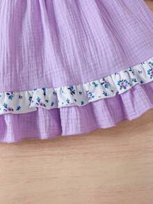 2pcs Set Simple Casual Solid & Floral Patchwork Bowknot Contrast Mini Cap Sleeve Long Dress With Headband, Suitable For Outdoor And Daily Wear In Spring Autumn