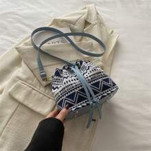 Bolso balde lindo para damas, bolso de mano pequeño y lindo con flores, billetera con flores, mini bolso estético bohemio con bordado, bolso de cordón tipo cubeta con punto de aguja, bolso cruzado mini