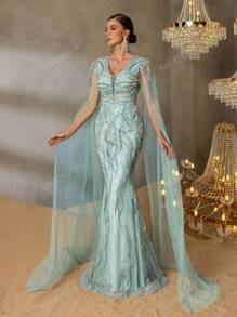 Faeriesty FAERIESTY Opulent Beaded V-Neck Evening Gown With Floor-Length Sheer Sleeves, Mermaid Silhouette & Dramatic Train | Luxury Red Carpet Dress For Galas, Formal Dinners, Wedding Receptions, Opera Galas, And Black-Tie Balls