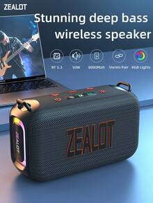 ZEALOT S85 50W Outdoor Portable Wireless Speaker, 8000mAh Battery, With RGB Color Lights, Can Play For Up To 8 Hours, Compatible With SD Card/USB/AUX, Dual Pairing Function Doubles Sound, Supports Mobile Phone/Tablet/TV/Computer, Professional Subwoofer Speaker, Suitable For Home Theater/Outdoor Parties/Gatherings - 黑色 - 查看 2