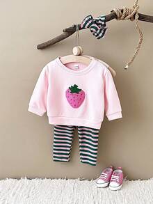 3pcs/Set Baby Girl Clothes, Includes Pink Strawberry Embroidered Sweatshirt, Striped Stretch Pants And Headband, Suitable For Spring And Autumn - Pink - View 1