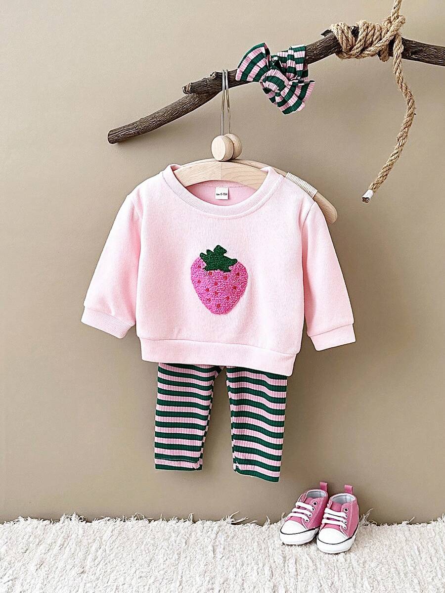 3pcs/Set Baby Girl Clothes, Includes Pink Strawberry Embroidered Sweatshirt, Striped Stretch Pants And Headband, Suitable For Spring And Autumn - Pink - View 1