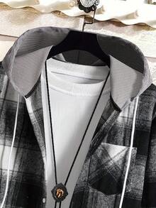 Men's Casual Long Sleeve Plaid Pocket Hooded Shacket - Black - View 3