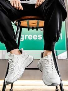 Men's 2025 New Arrival White Chunky Sneakers, Breathable Mesh Upper Low-Top Lace-Up Casual Sporty Shoes, Soft Sole Non-Slip Outdoor Running Shoes, Suitable For Workout, Commuting
