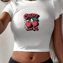[Diseño de niña dulce de cereza Camiseta de moda para mujer][$12.18] Camiseta de algodón 100% de 220 g con un ajuste estructurado, suave y de larga duración. Perfecta para estilos casuales de tops para mujer. Ropa vintage, ropa de mujer, tops de mujer vintage, tops de mujer, ropa de verano de mujer, camisas casuales, punk, western, tops de mujer, atuendo del Día de la Independencia, ropa estilo coreano, vaquera, ropa 100% algodón, ropa gótica linda, tops blanco y negro, tops vintage, ropa para mujer - Blanco - Ver 1