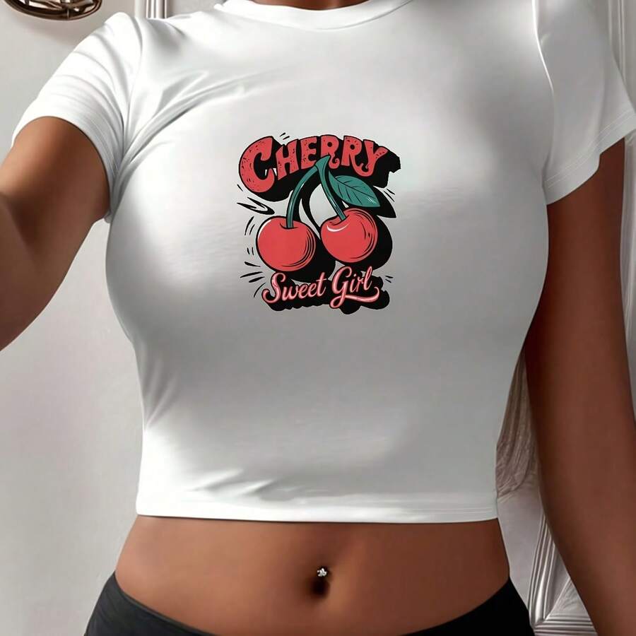 [Diseño de niña dulce de cereza Camiseta de moda para mujer][$12.18] Camiseta de algodón 100% de 220 g con un ajuste estructurado, suave y de larga duración. Perfecta para estilos casuales de tops para mujer. Ropa vintage, ropa de mujer, tops de mujer vintage, tops de mujer, ropa de verano de mujer, camisas casuales, punk, western, tops de mujer, atuendo del Día de la Independencia, ropa estilo coreano, vaquera, ropa 100% algodón, ropa gótica linda, tops blanco y negro, tops vintage, ropa para mujer - Blanco - Ver 1
