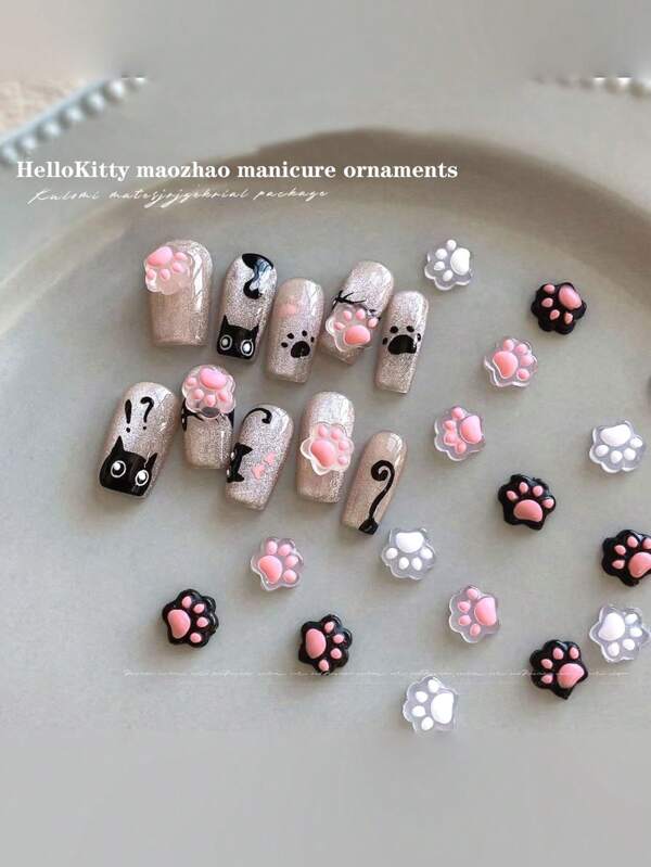 55 pièces Décalcomanie pour Nail Art avec motifs mignons transparents de pattes de chat et de griffes d'ours en couleurs assorties. Bijoux d'ongles DIY, accessoires de boucles d'oreilles et épingles à cheveux en strass en résine