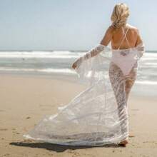 Women Lace Cover Ups Long Sleeve Ankle Length Cardigan Beach Sheer Tops Bikini See Through Kimono - 白色 - 查看 5