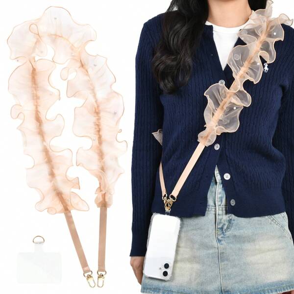 Smartphone Lanyard, Smartphone Strap, Crossbody Strap, Phone Lanyard, Smartphone Shoulder Strap, Long 47.2 Inches (120cm), Pearl, Ruffle Trim, Chiffon, Smartphone Neck Strap, Shoulder Strap