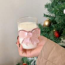 Bow Decor Glass Cup, Cute Water Cup, Household Glass Cup, Princess Style Cup, Juice Cup, Suitable For Iced Coffee And Juice, Drinkware - Transparent + Pink - View 1