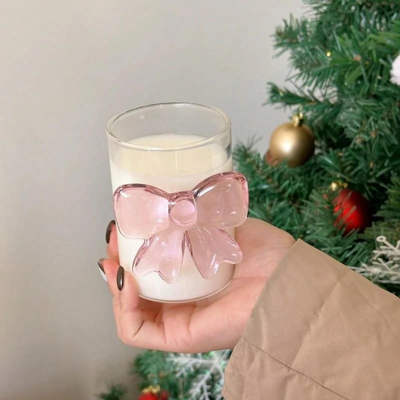 Bow Decor Glass Cup, Cute Water Cup, Household Glass Cup, Princess Style Cup, Juice Cup, Suitable For Iced Coffee And Juice, Drinkware - Transparent + Pink - View 1