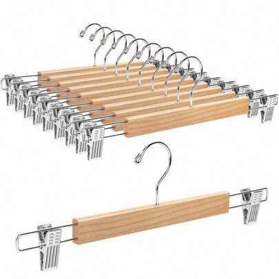 10/15 قطعة شماعات ملابس خشبية طبيعية، شماعات خشبية للبنطلونات والتنانير مع مشابك معدنية قابلة للتعديل
