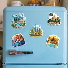 1 件东南亚 5 国冰箱贴，新加坡、印度尼西亚、菲律宾、泰国、马来西亚，亚克力和橡胶软磁材料，创意家居装饰，万圣节礼物，旅行者礼物，适用于金属门、铁制家具、储物柜装饰，送给家人和朋友的贴心礼物 - 彩色 - 查看 1