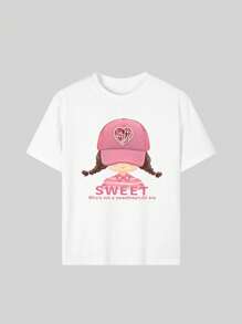 1 pieza Camiseta informal de manga corta y cuello redondo estampada para niñas, prenda de vestir juvenil de verano - Camiseta con estilo de letra en inglés minimalista que inspira la imaginación y la autoexpresión