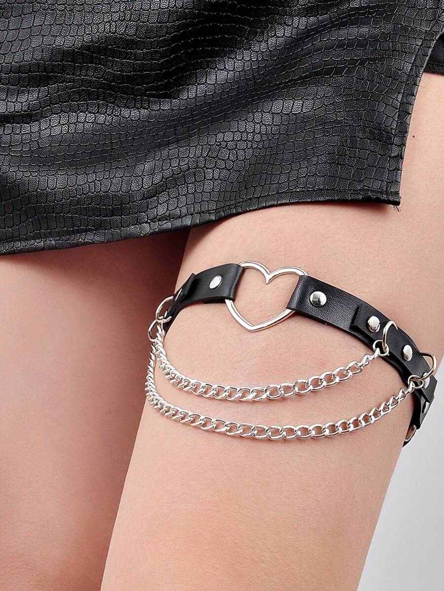 1 PC Adjustable Leather Thigh Garter, Heart Shaped Leg Garter With Clips Punk Goth Garters For Thigh, Fashion Bikini Club Rave Party Leather Body Accessories Jewelry For Women And Girls - Black - View 1