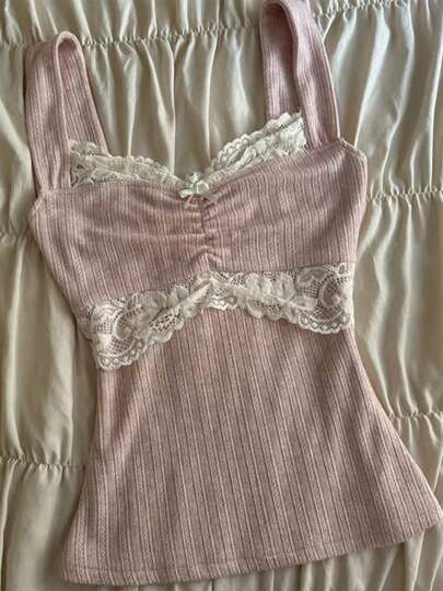 90s Vintage Cutest Lace Trim Camis Women Aesthetic Grunge Slim Fit Milkmaid Vest 00s Retro Y2k Cottage Crop Top