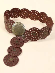 1pc Brown Bronze Rivet PU Round Buckle Fashionable Metal Oval Belt, Bohemian Style Suitable For Daily Use Fall, Autumn, Halloween - Round Brown - View 5