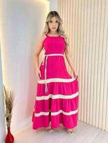 Women's Long Plain Two-Tone Dress With Casual Duna Fabric Lining H-11 - Hot Pink - View 2