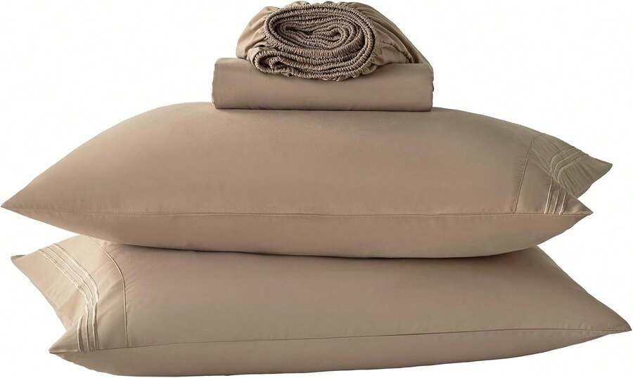 Juego de sábanas de taupe para cama de tamaño completo - Juego de sábana ajustable y fundas de almohada de bolsillo profundo - 4 piezas de sábanas de microfibra suaves y con sistema de enfriamiento para cama doble - Multicolor - Ver 1