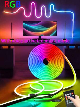 16.4ft Smart RGB Neon Light Strip, USB Powered, 20-Key Remote Control,Voice-Activated Sensor Flashing Function, Music Sync, , Multi-Color Changing LED For Gaming, Christmas Decor, And Ambient Lighting,LED Lights,TV Background Decoration Light Strip, Wall Decoration Light Strip, Home Decoration Light Strip, Room Decoration Light Strip, Fairy Room Decoration Light Strip, Birthday Decoration Light