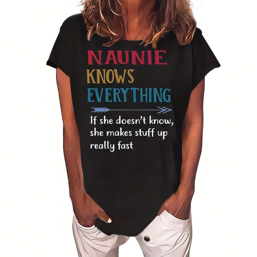 Camiseta de cuello redondo de manga corta "Naunie sabe todo" de Naunie, regalo para la abuela. Camiseta de algodón 100% de 220g. Ofrece el equilibrio perfecto entre comodidad y estructura. Suave al tacto pero diseñada para durar, es una prenda básica para quienes exigen talla grande a su armario. Transpirable, con estilo y lo suficientemente versátil para cualquier atuendo, esta camiseta mantiene su aspecto y tacto lavado tras lavado. Manfinity Hombre Algodón Streetwear 100% Algodón Streetwear Halloween Camisas Para Hombre Gráfica Blanca Camiseta Gráfica Divertida Gráfica 4 de Julio - Negro - Ver 1