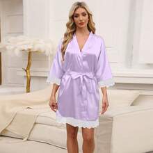 1pc Women's European & American Style Home Pajamas Robe, Lace Patchwork Faux Silk Bathrobe, Length Approx 94cm Back To School - Multicolor - View 9
