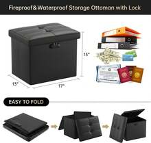 Storage Ottoman Foot Rest Stool With Lock & Handle, Fireproof Folding Leather Footstool Short Ottoman With Storage Safe For Living Room Bedroom, Home Office, Dorm, 17x13x13in, Black - 黑色 - 查看 2