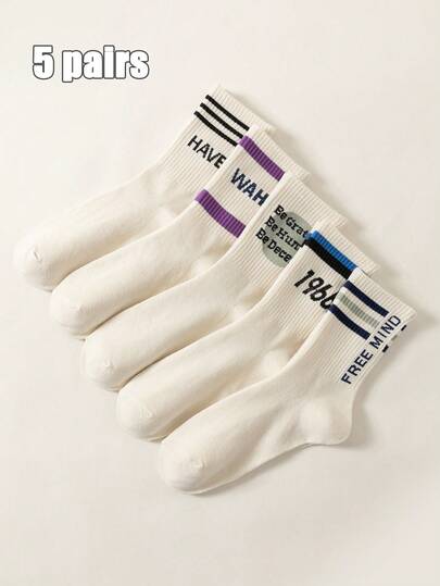 5 Pairs Cream Color Vintage English Letter Pattern Long Socks & Mid-Calf Socks, Suitable For All Seasons Everyday And Outdoor Wear