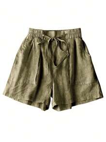 Women's Linen Stand Collar Elastic Waist Shorts, Casual & Holiday Style, Spring/Summer