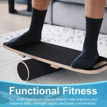 Balance Board Balanceboard Balancierbrett mit Rolle Halter Holz Balancetrainer Fitnessboard Schaukelbrett - Schwarz - Übersicht 5
