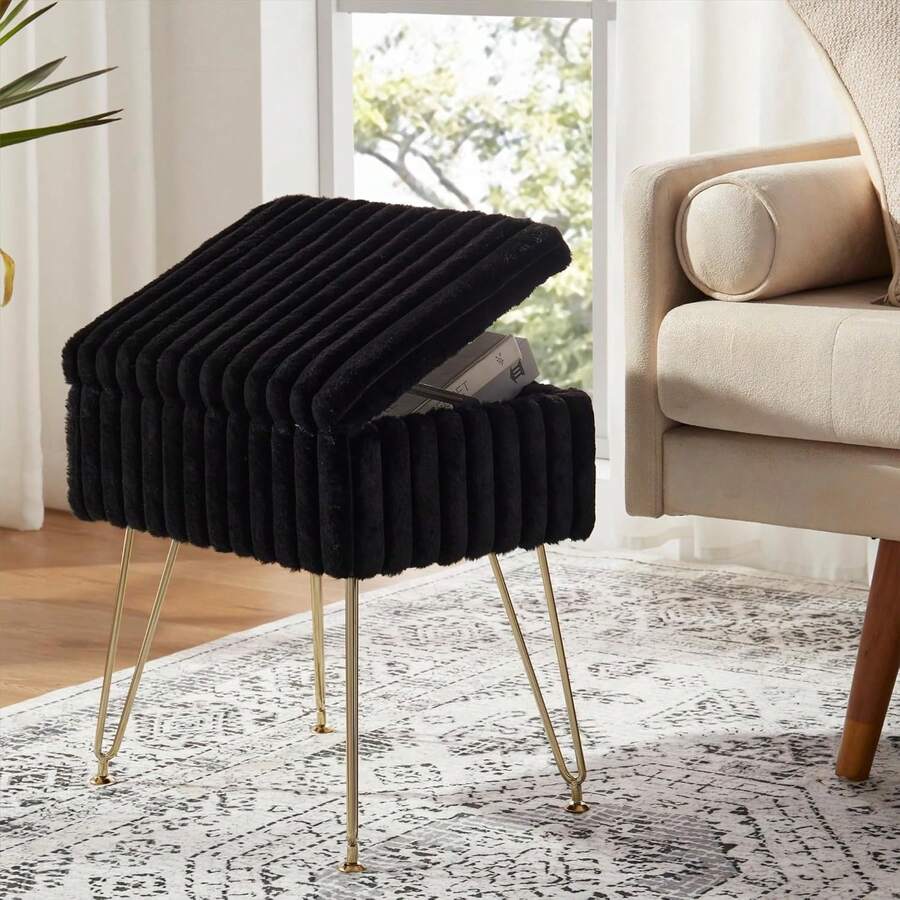 Taburete de tocador de piel sintética con almacenamiento, taburetes para maquillaje, reposapiés otomano con 4 patas de metal, taburete de maquillaje, pequeño banco de tocador silla para sala de estar y dormitorio - Negro - Ver 1