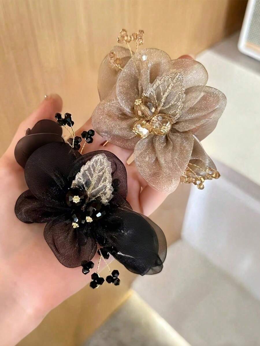 [ One Size Fits All -1PC, Random Color ]Women's Mesh Lace Flower Crystal Headband, Suitable For Daily Hair Styling, Low High Bun Hairstyle, Suitable For Party And Birthday Hair Styling, Bun Hairstyle, Flower Rubber Band Headband