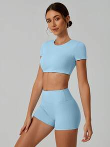 NcmRyu Women's Sexy Yoga Sports Fitness Running Training Outdoor Suit Set - 淺藍色 - 查看 8