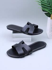 1 par de sandalias planas con diseño de "H" de estilo europeo y americano para adolescentes/mujeres de talla grande, de piel sintética (PU) con puntera abierta, antideslizantes, cómodas, aptas para uso en casa, exterior y playa