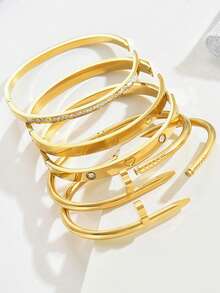 1 件/4 件时尚优雅简约不锈钢金色手链套装，饰有水钻、三叶草、心形钉子，18K 镀金，适合日常和派对佩戴 - 彩色 - 查看 4