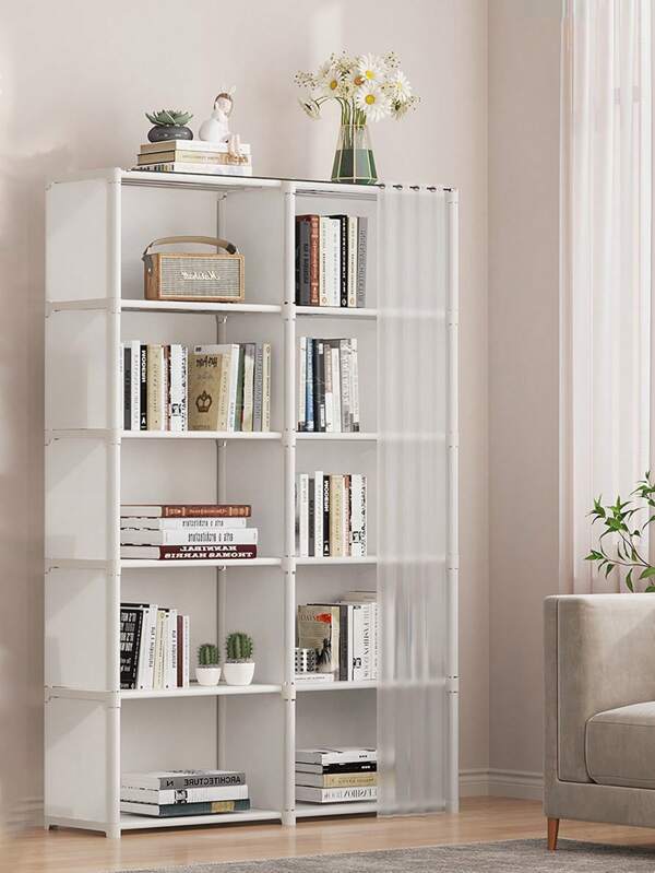 1pc Portable Closet Organizer, Multifunctional Cube Bookcase, Storage Shelves With Curtain, 31.5"W X 15.7"D, Freestanding Assembly, For Bedroom, Living Room, Kitchen, Office, Holidays, Christmas Gift