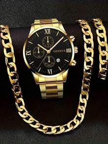 3pcs Men's Luxury Gift Set: Stainless Steel Quartz Watch, Bracelet Necklace Ring - Business Casual Accessories - Multicolor - View 9