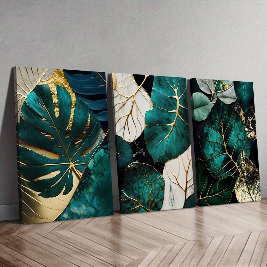 Set Of 3 Abstract Golden Green Plant Leaves Wall Poster, Creative Plant Canvas Wall Painting Gift, Bedroom Decor, Office Decor, Living Room Decor, Wall Decor, Home And Dormitory Decorative Painting Optional Frame Painting, Wall Art With Frame