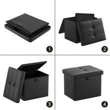 Storage Ottoman Foot Rest Stool With Lock & Handle, Fireproof Folding Leather Footstool Short Ottoman With Storage Safe For Living Room Bedroom, Home Office, Dorm, 17x13x13in, Black - 黑色 - 查看 7